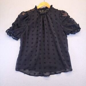IRIS Black Swiss Dot Ruffle Mock Neck Puff Sleeve Blouse Top Med Business Chic